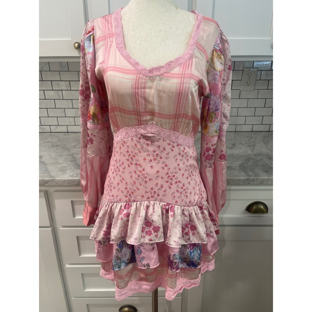 LoveShackFancy Dress Womens S Pink Floral Patchwork Ruffle Lace Mini Dress